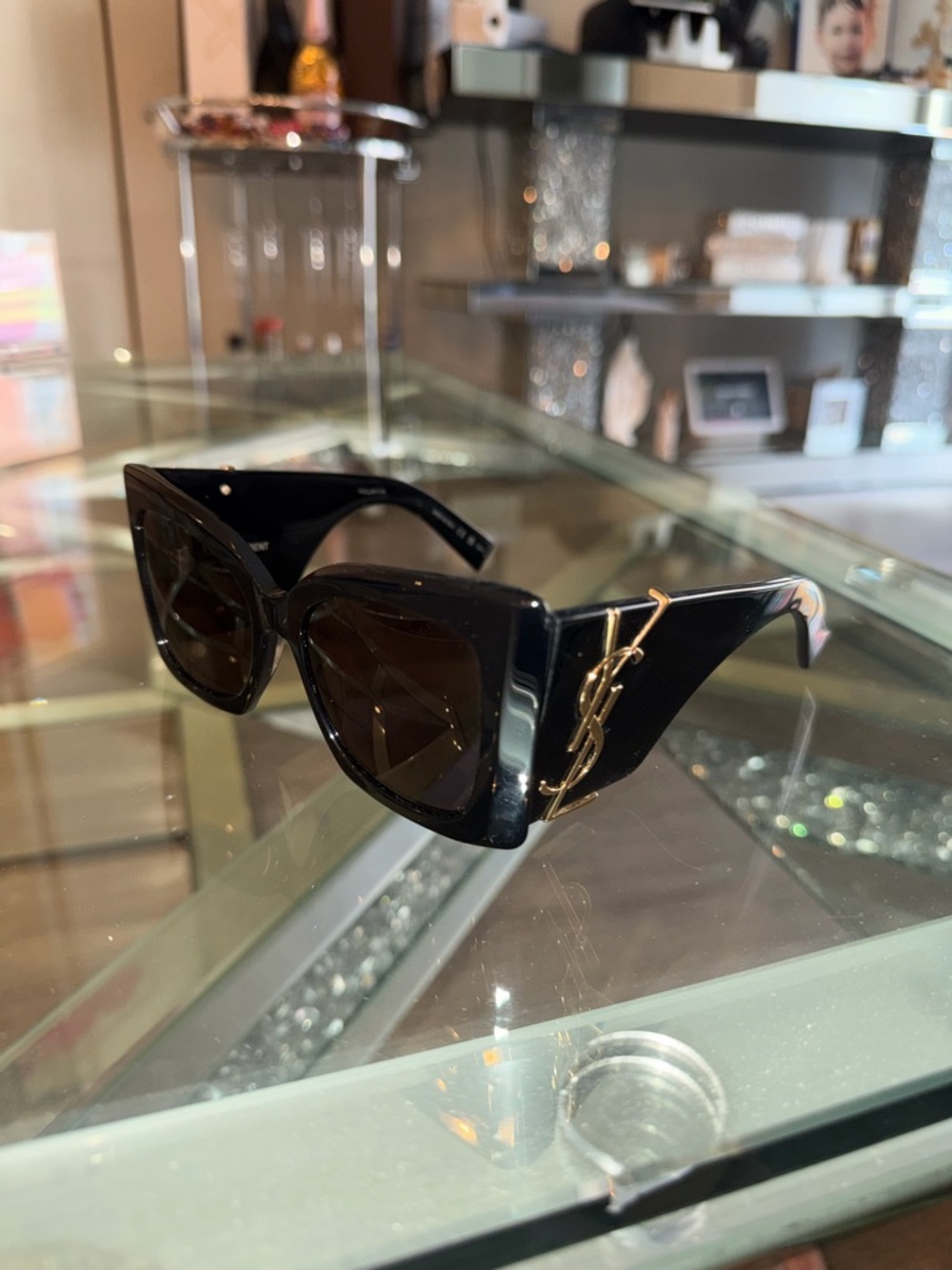 Saint Laurent Monogram Acetate 54MM Blaze Rectangular Sunglasses Gold YSL Logo